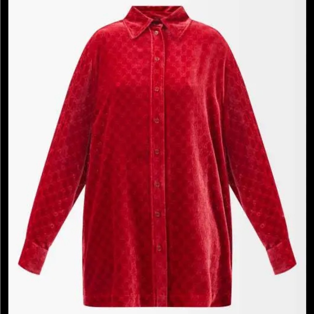Gucci Red Devoré-Velvet Oversized Women’s Button Down Blouse - Picture 2 of 7